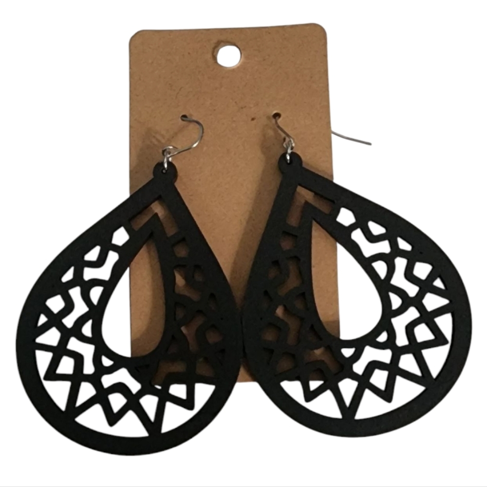 Midnight Lace Teardrop Wood Drop Earrings
